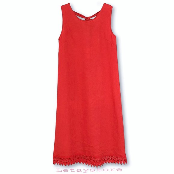 NWT Rosemarine Made In Italy Linen Crochet Hem Bow Tie Back Midi Dress - Picture 3 of 8